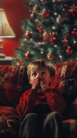 Christmas wonder as young boy gazes at glowing tree.