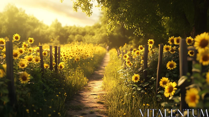 Sunlit country path through dense blooming sunflower rows.