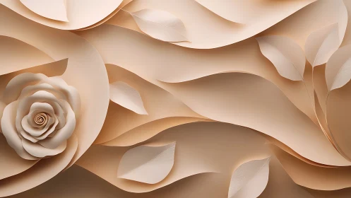 Layered beige paper rose and leaf relief with flowing contours