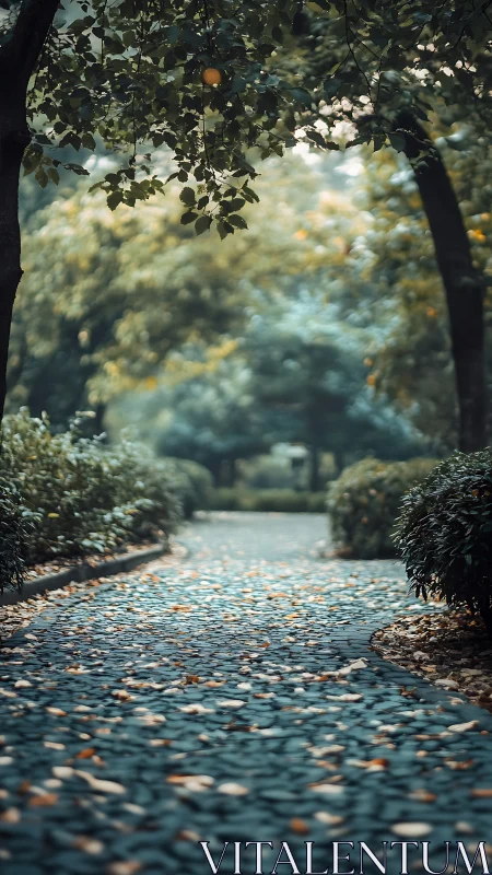 Curved stone path winds through shaded tree lined garden