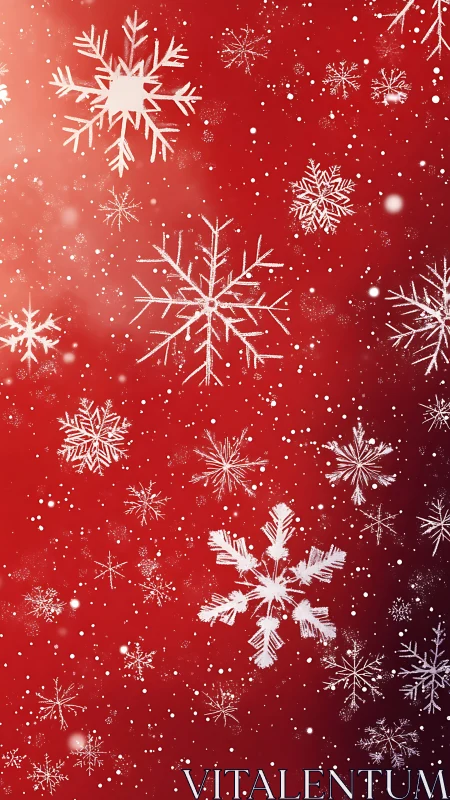 White snowflakes scatter across glowing red backdrop.