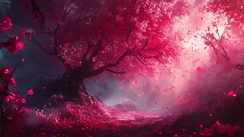 Enchanted crimson grove bathes a misty forest path in light