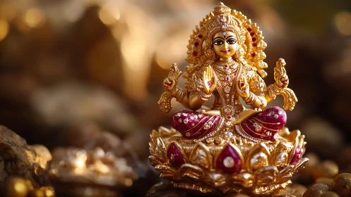Gold deity figurine seated on ornate lotus pedestal.
