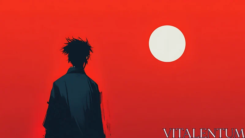 Solitary silhouette studies a pale sun on burning sky