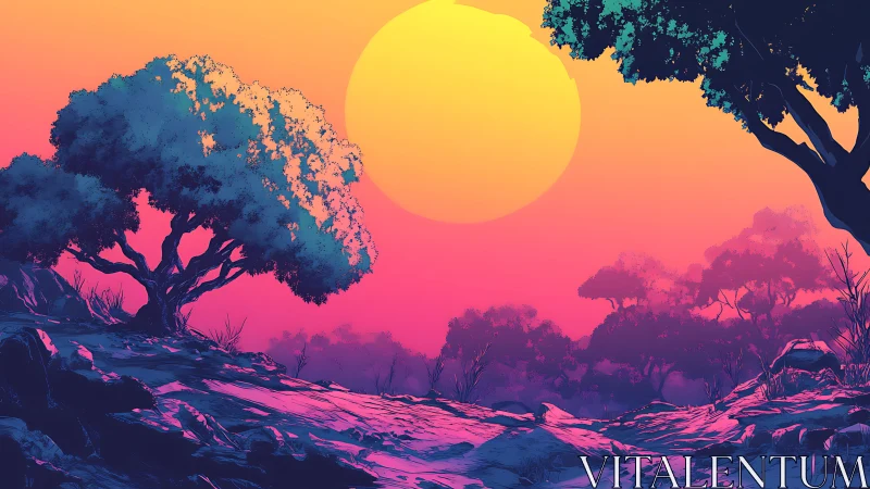 Neon twilight trees lean into a blazing candy-colored sun