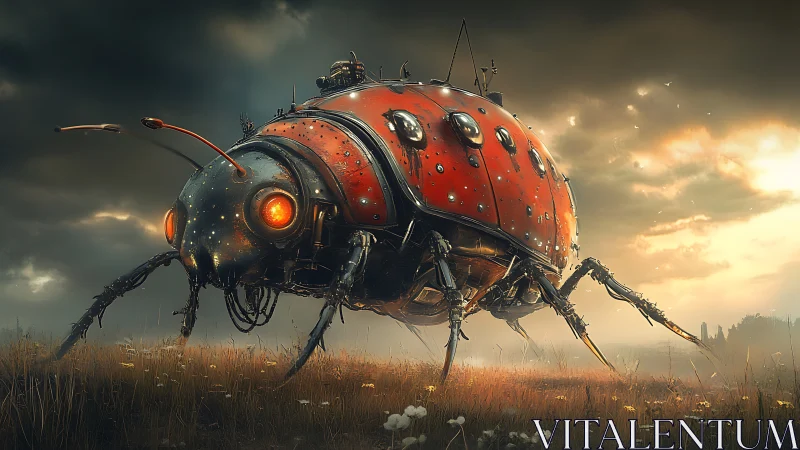 Autonomous aerospace ladybug mech in dusk field deployment.