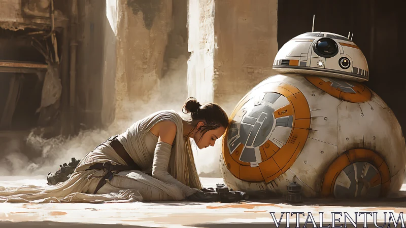 Woman resting head against round droid in sunlit ruin.