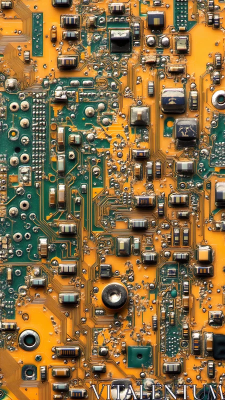 Close-up macro view of dense yellow green circuit board.
