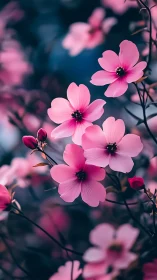 Pink cosmos flowers against deep blue backdrop.
