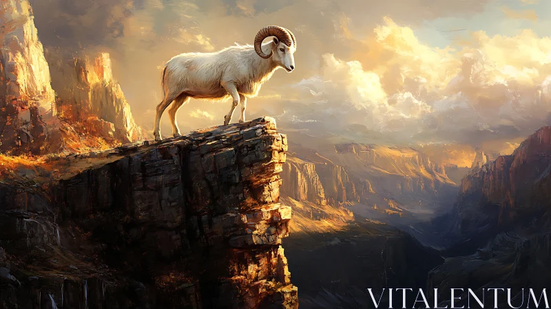 Mountain goat on cliff edge in illuminated canyon landscape.