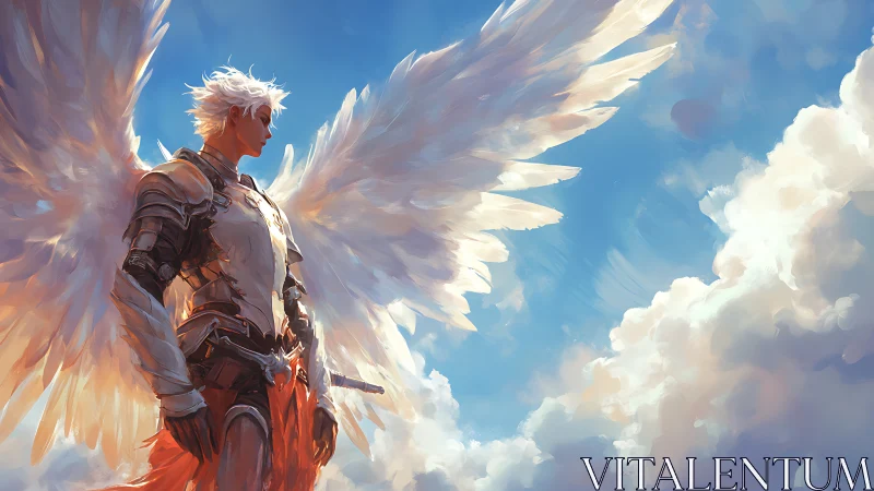 Armored angelic warrior rises through luminous cloud sky.