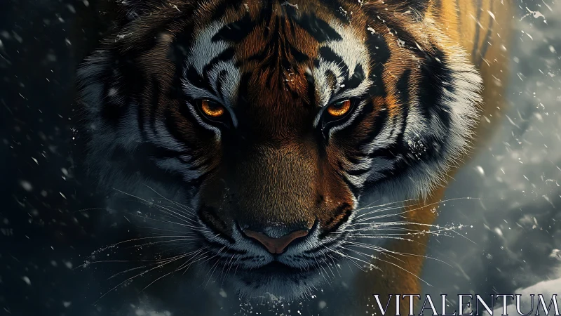 Intense snowlit tiger gaze shares wild strength and quiet grace