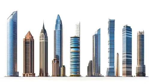 Iconic Skyscrapers in Architectural Silhouette Against White.