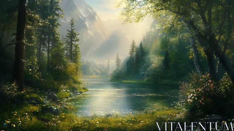 Sunlit Mountain River Flowing Through Ancient Forest Wilderness