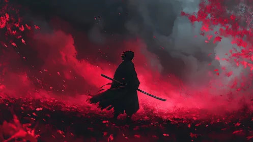 Lone katana wanderer wreathed in crimson stormlight. Period.