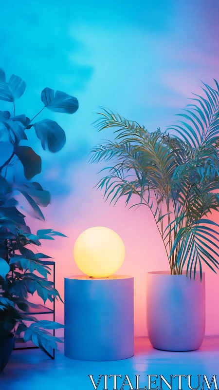 Neon gradient botanical studio with glowing orb lamp centerpiece.