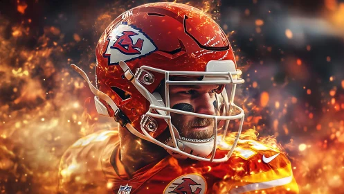 Photorealistic fiery football portrait with dynamic motion glow.
