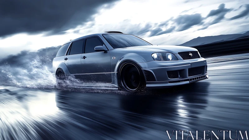 Sleek silver wagon racing confidently through glossy rain.