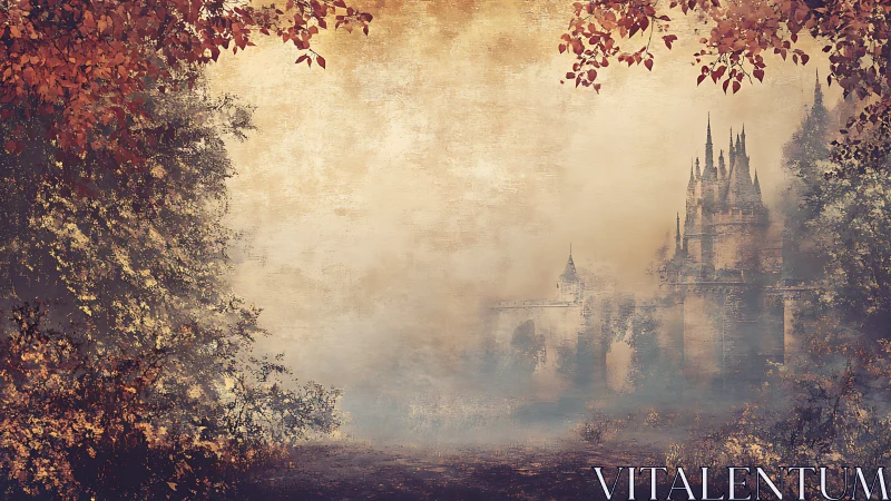 Misty autumn forest opening toward distant castle walls.