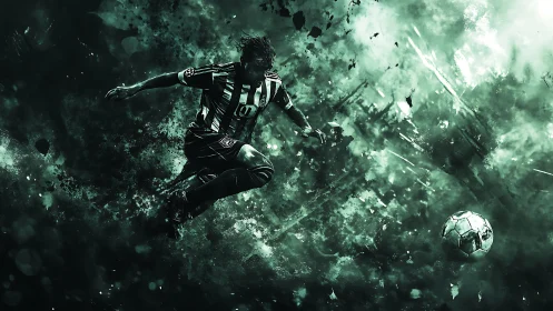 Soccer striker lunges through abstract green energy field