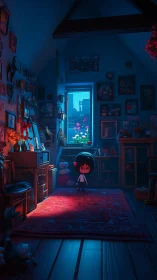 Child in dim attic room with toys and glowing window.