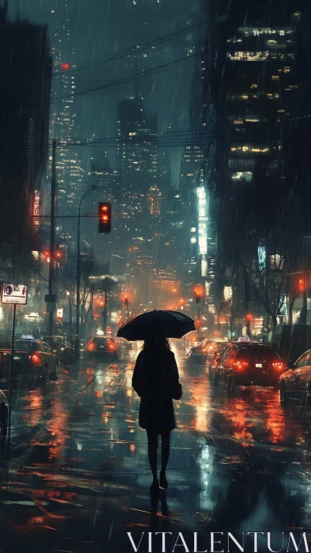 Solitary evening walk under city lights and gentle rain.