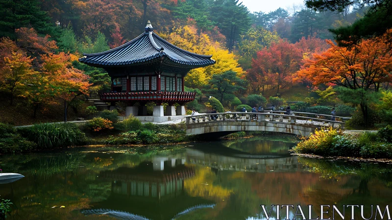 Photorealistic autumn pavilion and bridge over reflective pond.