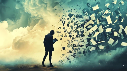 Silhouetted reader amid dispersed letters and papers in sky.