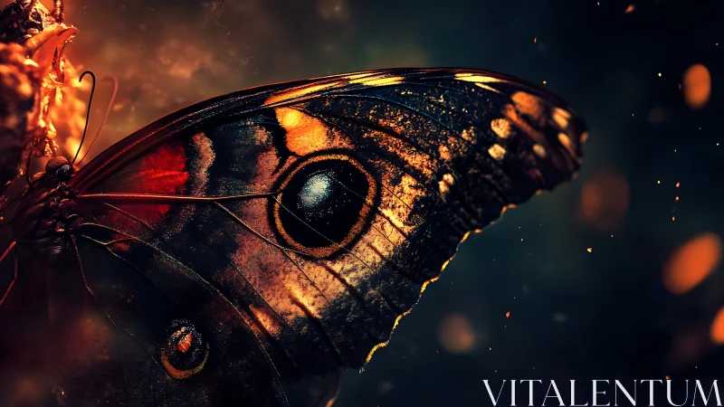Macro butterfly wing glowing with molten orange bokeh.