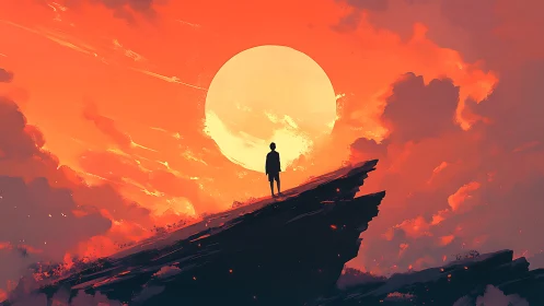 Sunset wanderer pausing on a glowing cliff edge at dusk.