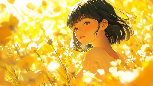 Sunlit anime girl in glowing yellow flower meadow.
