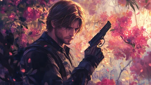 Brooding gunman stands amidst glowing, dreamlike blossoms.