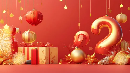 Luminous red holiday render with metallic numerals and lanterns.