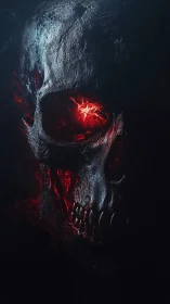 Charred skull closeup with glowing red eye socket detail.