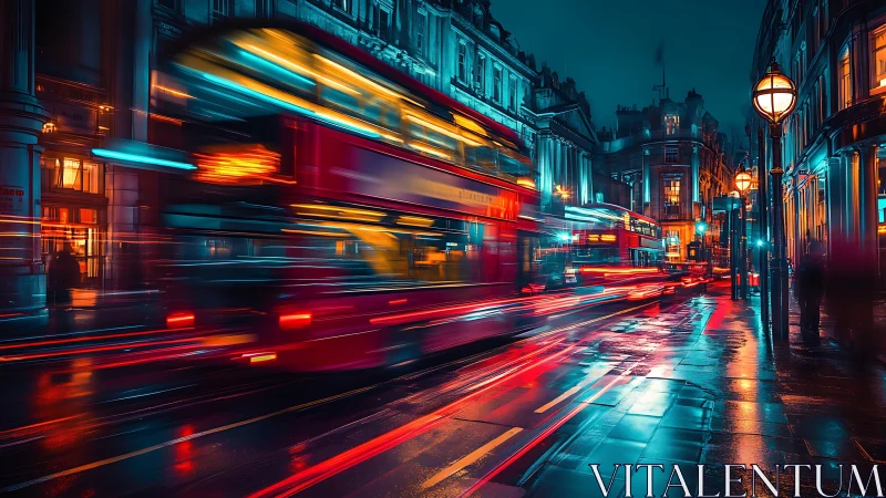 Nocturnal London buses in neon motion blur on wet streets.