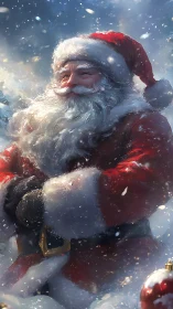 Majestic Santa Claus stands in swirling, luminous snowfall
