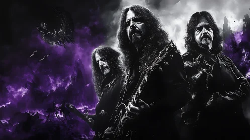 Triadic metal guitarists in spectral violet stormscape composition.