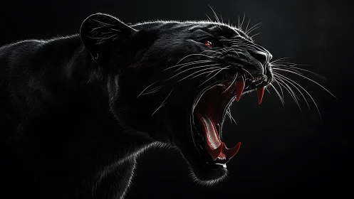 Black panther in yawn state with open mouth and visible musculature