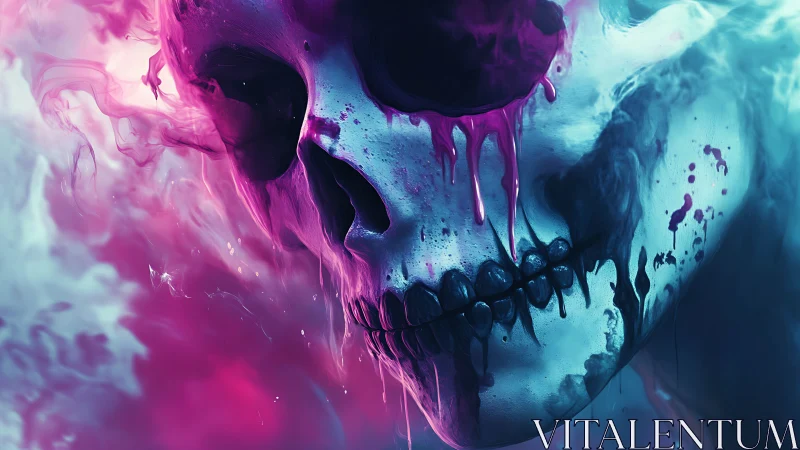 Neon dripping skull in swirling pink and cyan mist.