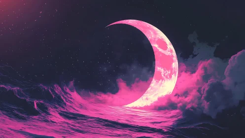 Crescent moon rises from neon pink ocean under star field