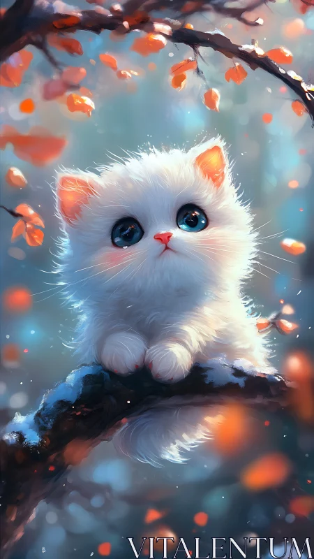 White Kitten with Blue Eyes Among Autumn Leaves.