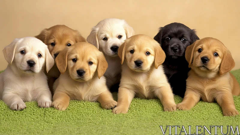 Golden retriever puppies aligned on textured green rug.