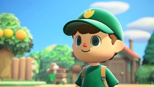 Stylized low-poly villager under soft daylight in lush village