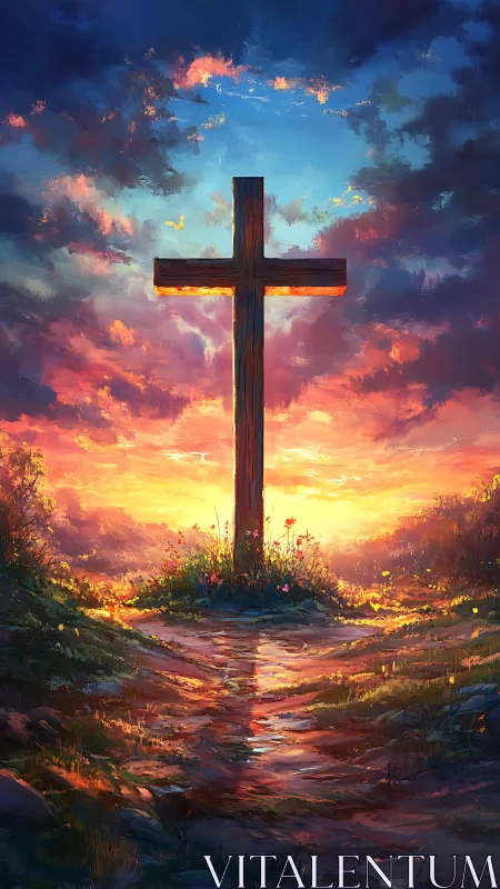 Wooden cross glows against blazing sunset clouds sky