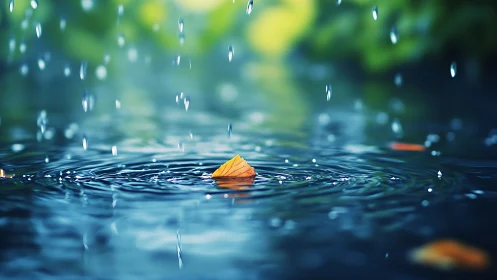 Single orange leaf on blue water under falling rain.