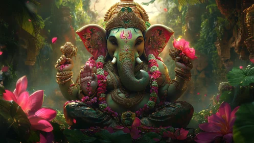 Elephant-headed deity statue in lush floral jungle setting.