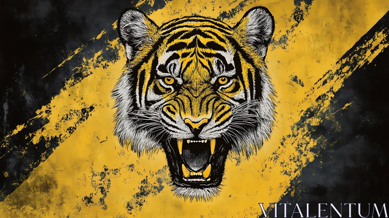 Roaring tiger head dominates bold yellow and black streaks