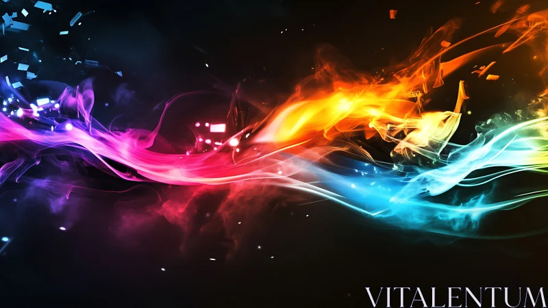 Colorful light trails cross over dark background space