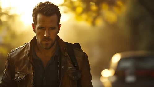 Man in leather jacket walking on sunlit urban street.