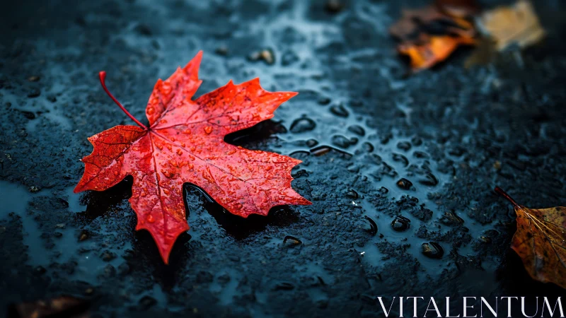 Wet red maple leaf on dark asphalt after rainfall.